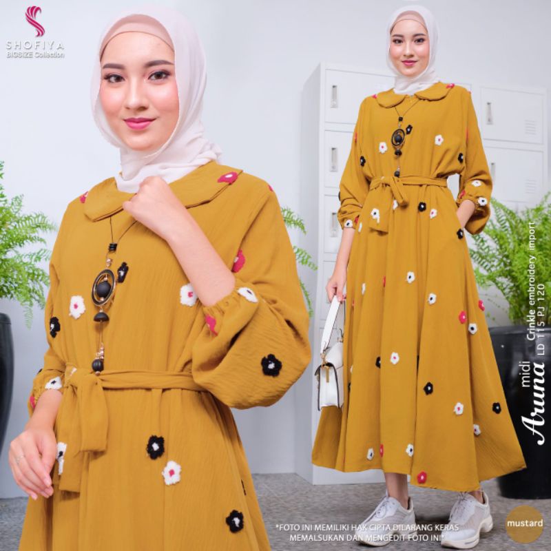 Aruna Midi Dress ori by Shofiya || Dress Crinkle motif Bunga Timbul