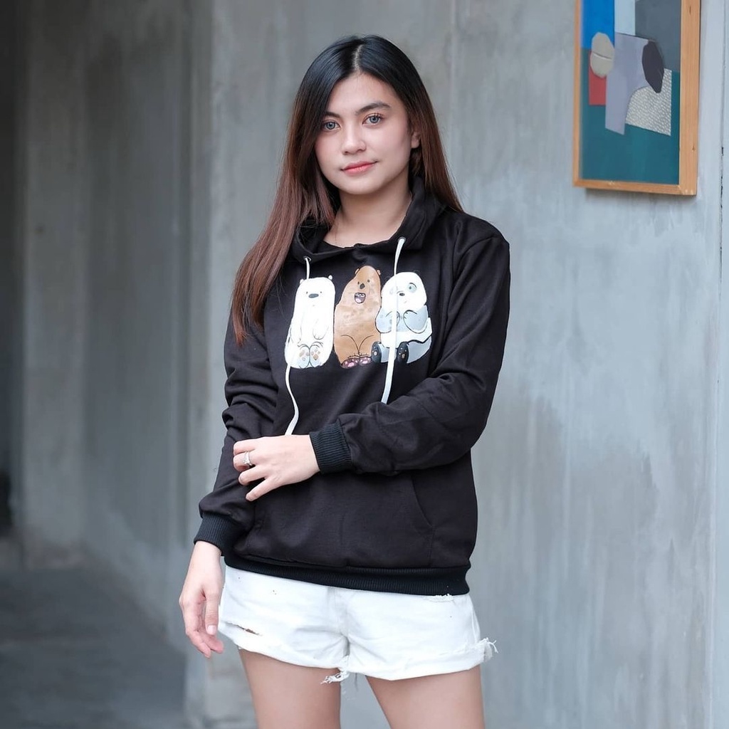TRIO PANDA Sweater Hoodie Wanita-Hitam