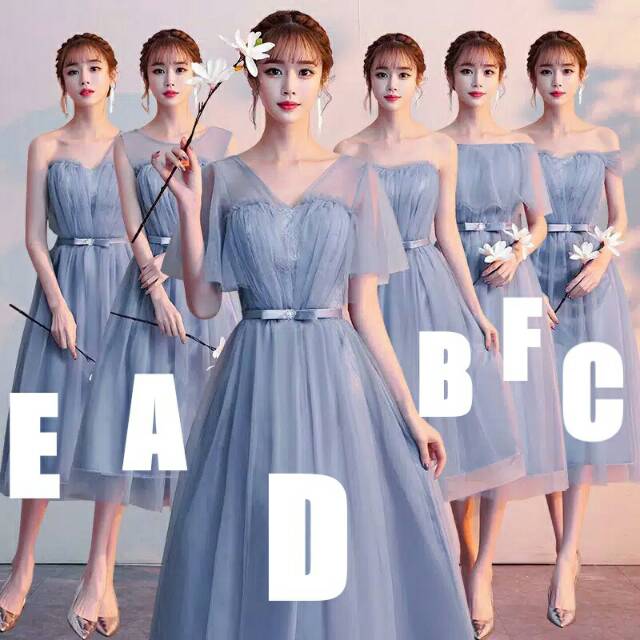 Bridesmaid dress baju pesta midi biru abu motif stripes vertical