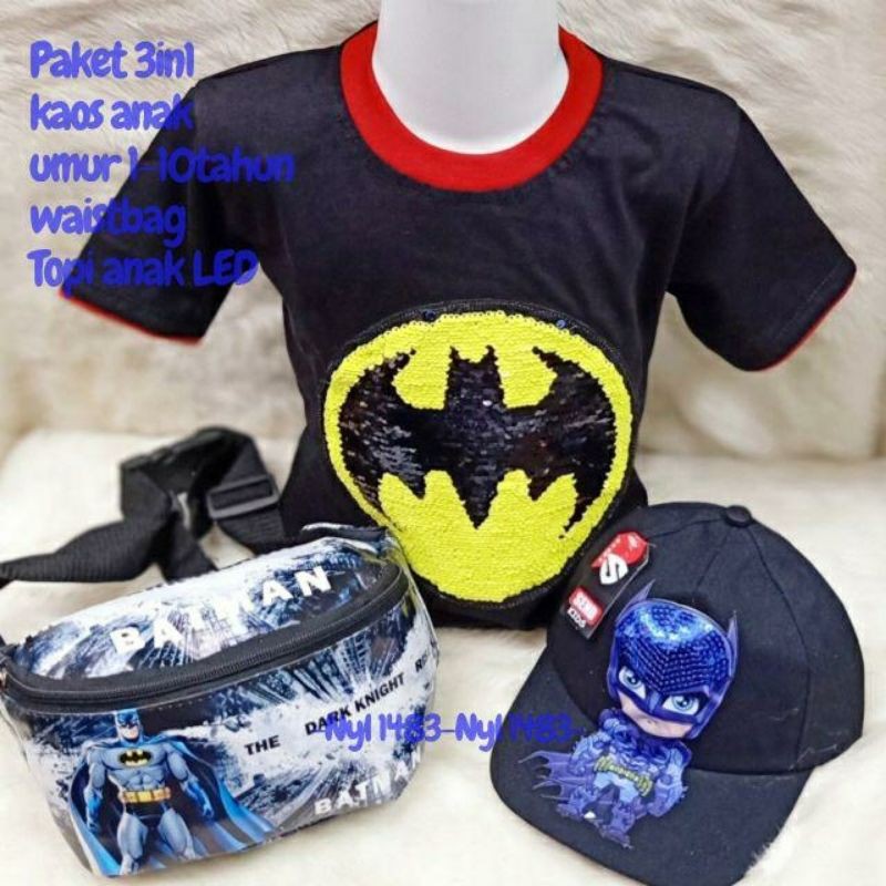 3 in 1 Kaos Usap Anak_Topi_Waistbag Motif Superhero Karakter Foto REALPICT