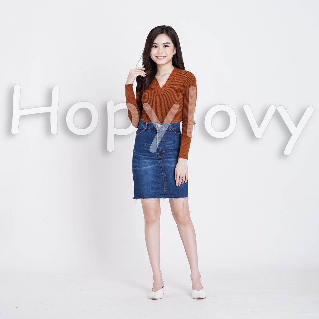 HOPYLOVY Rok Jeans Span Midi Selutut Fringe Linzy