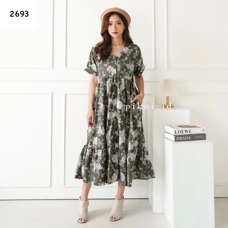 summer dress kancing wanita / dress busui bunga santai / floral dress vintage full kancing 2693