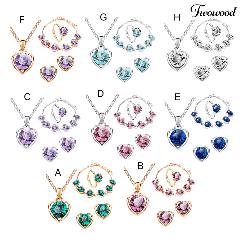 4pcs / Set Perhiasan Kalung Anting Cincin Gelang Bentuk Hati Aksen Glitter Kristal Imitasi Bahan Alloy Gaya Vintage Untuk Pesta
