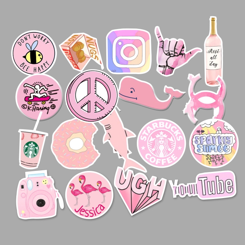 53pcs/set Stiker Dekorasi Anti Air Warna Pink Campur Untuk Skateboard/Laptop