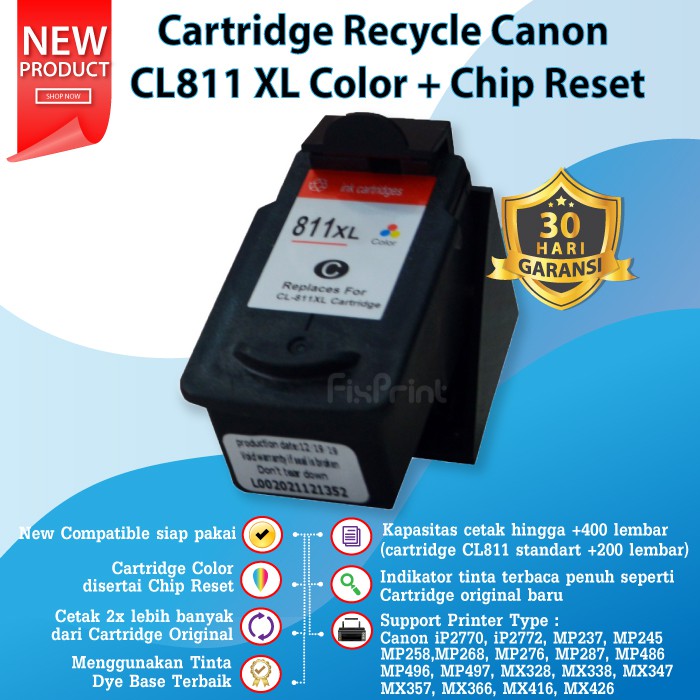 Cartridge Tinta Recycle CL811 XL CL811XL 811XL Refill Compatible Printer Canon iP2770 MP237 MP287