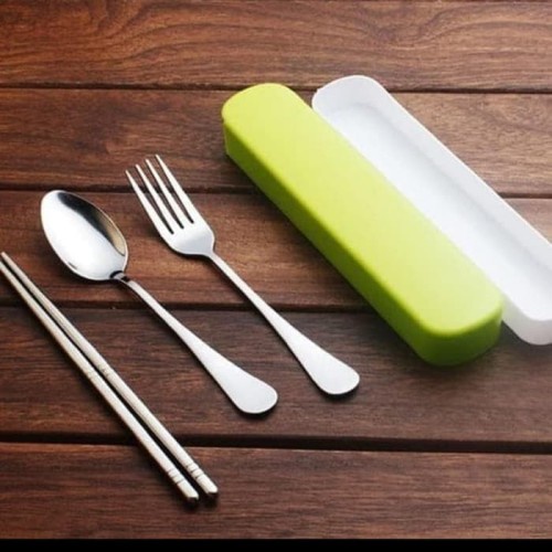 Sendok set Travel 3Pcs Stainless Steel Set Alat Makan Sendok Garpu Sumpit / Spoon Fork Chopsticks LUCU warna warni murah berkualitas