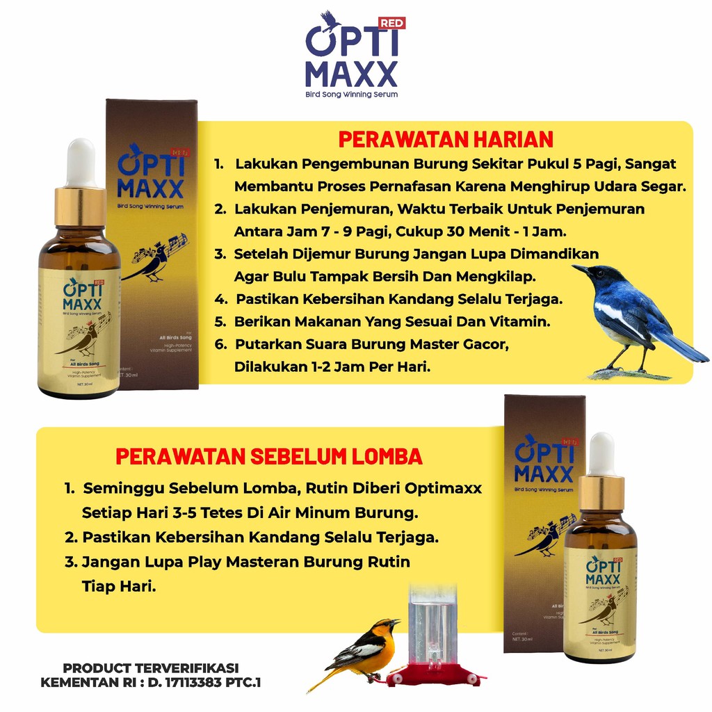 Optimaxx - Vitamin Burung Kicau Gacor Siap Juarai Gantangan Khusus Lovebird / Murai Batu / Kenari / Kacer / Jalak Suren / Kolibri / Kutilang