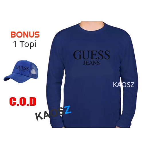BONUS Topi - Kaos Distro Guess Jeans Hitam Premium Fashion Pria Wanita Lengan Panjang