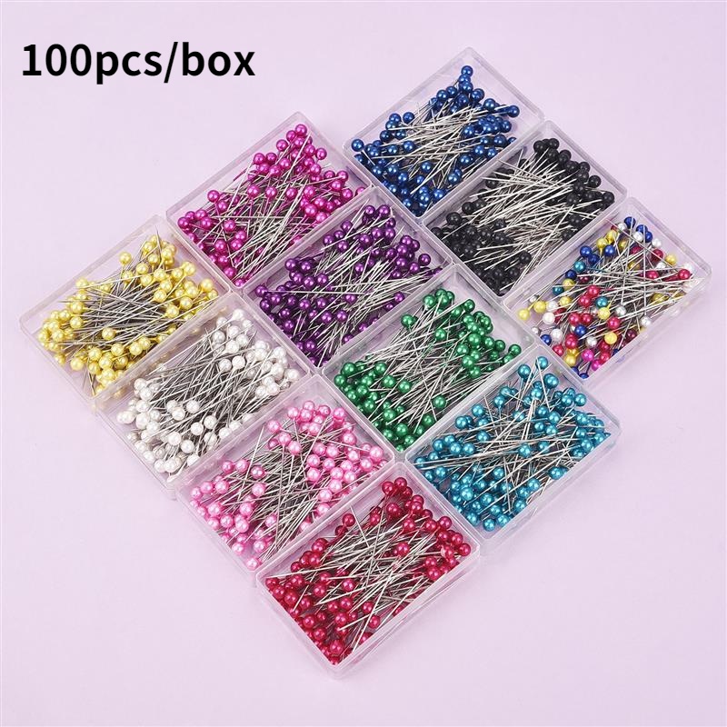 100pcs / Set Jarum Pentul Kepala Mutiara Bulat Aneka Warna 38mm Untuk Menjahit Pakaian DIY