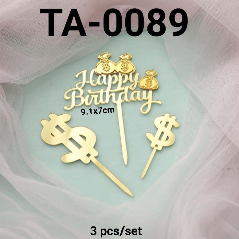 TA-0089 Cake topper akrilik happy birthday uang dollar kantong emas