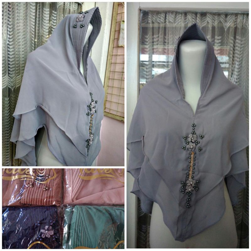 KHIMAR CERUTY 2 LAYER PENDEK PAYET MUTIARA  ORI BY FALS | KHIMAR CERUTY FALS | KHINAR CERUTY 2 LAYER