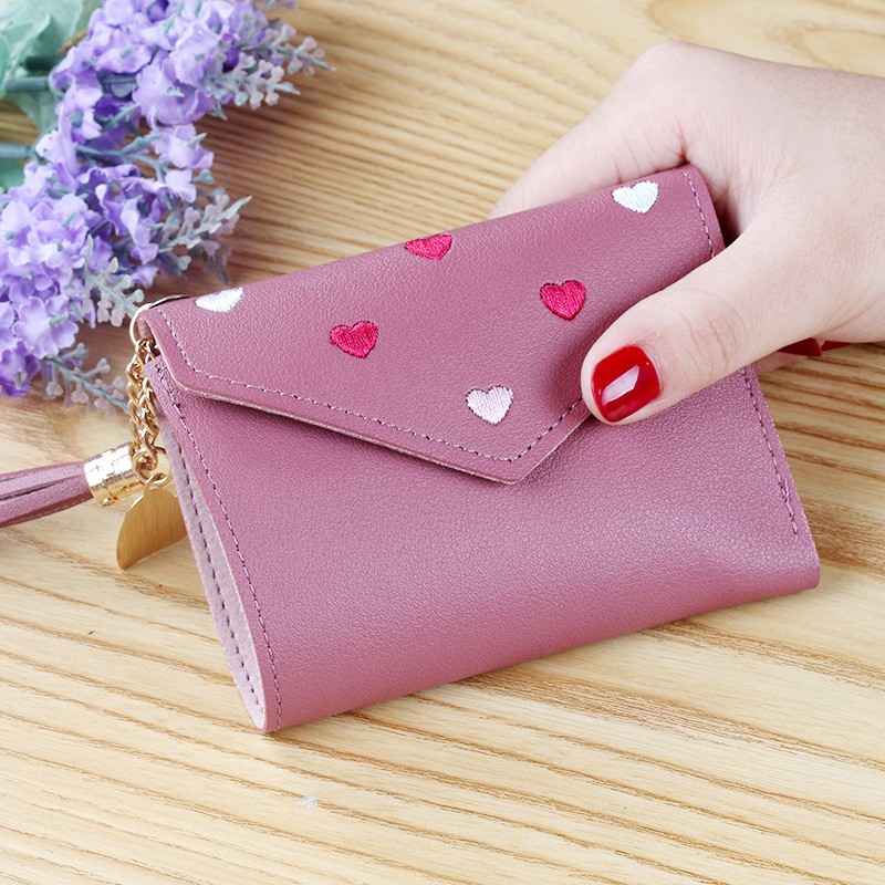 (8 WARNA) Dompet Lipat Cewek Fashion Korea Embroidery LOVE BORDIR Lomenia LOD039