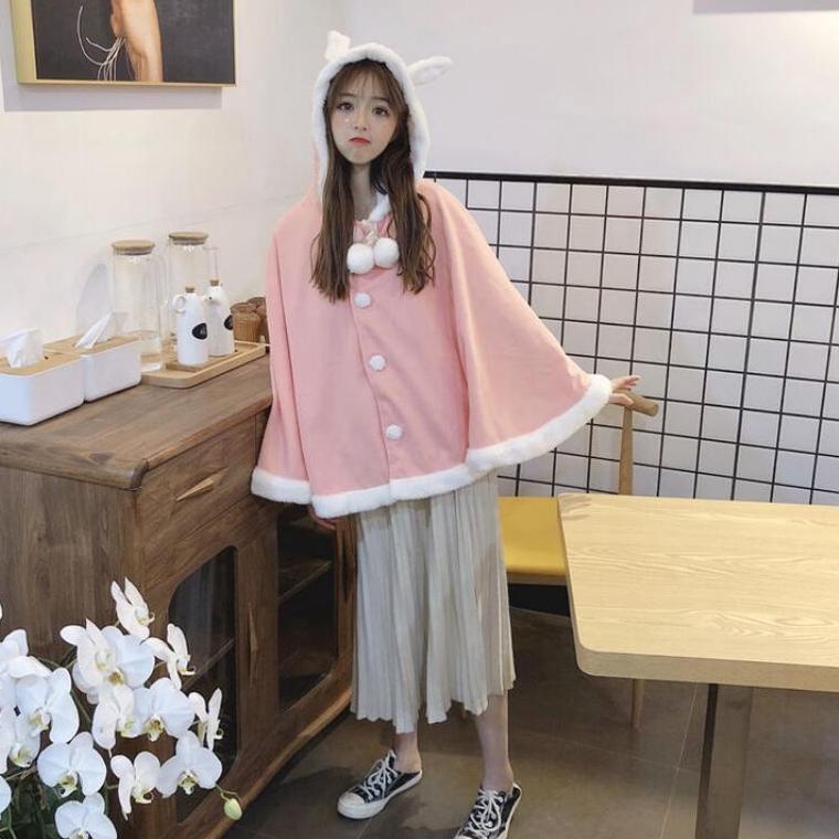 Paling Sesuai.. Jaket hoodie kelinci lucu Jepang wanita pink/biru