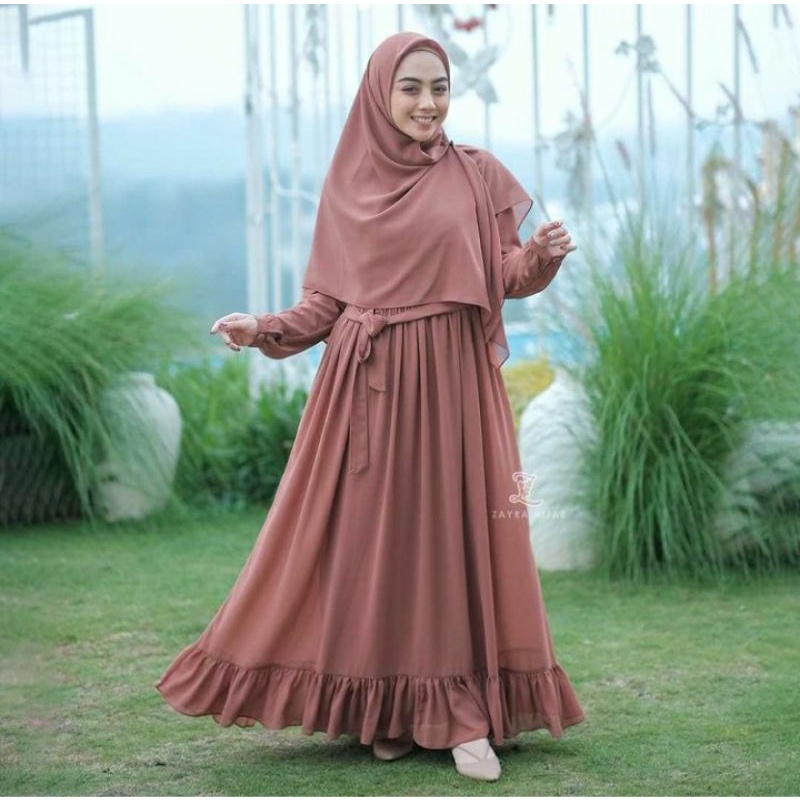 (Bisa COD) Gamis set hijab pashmina/gamis ceruty babydol full furing/ gamis syari-Milo
