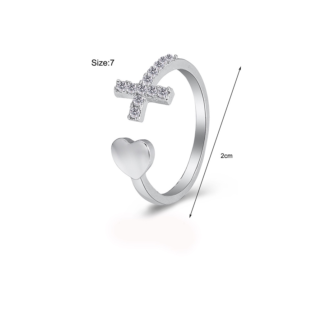 Cincin Model Terbuka Desain Hati Silang Geometris Adjustable Warna Silver Aksen Berlian Imitasi Untuk Wanita