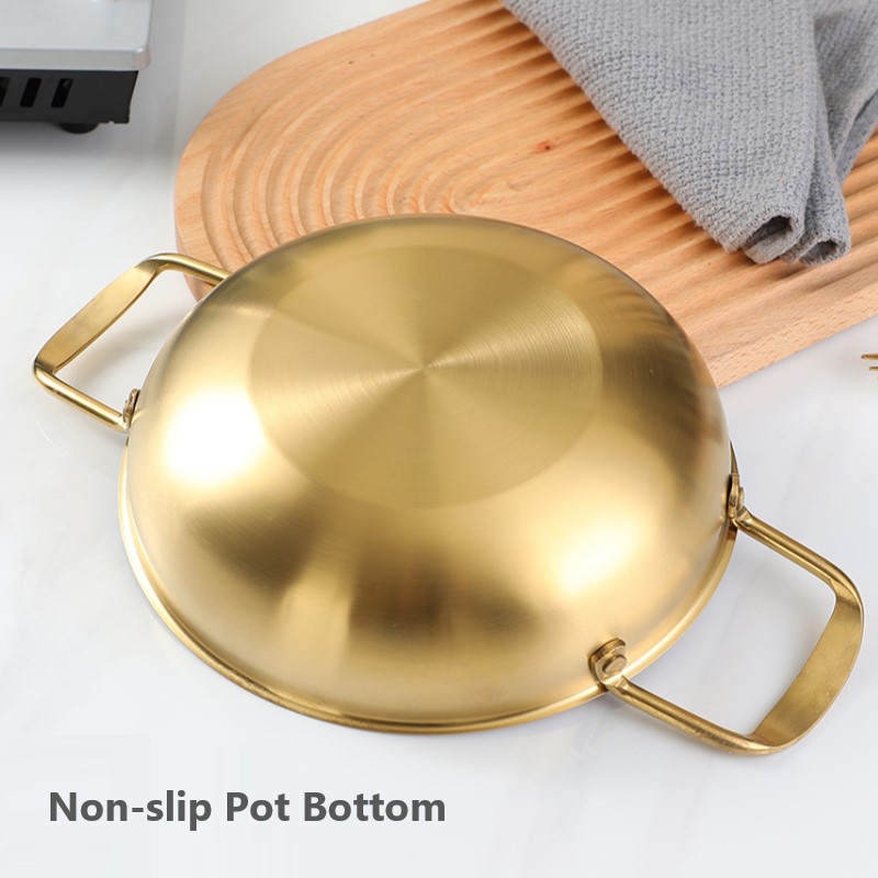 ღ Stainless Steel Makanan Laut Pot Emas Tebal Double Telinga Pan Kering Pot Hotpot Rumah Memasak Paella Pan Piknik Makanan Ringan Piring dapur Memasak Alat