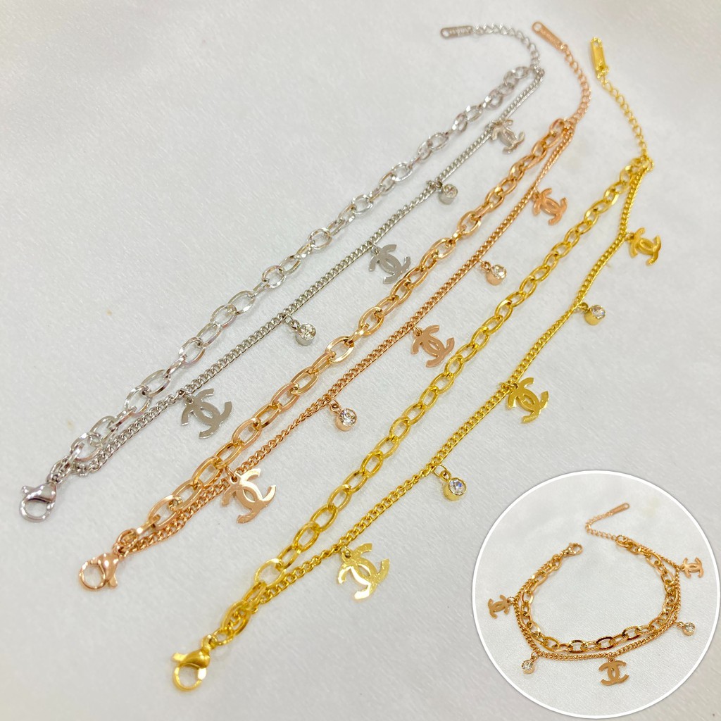 Gelang Rantai 2 Layer Titanium Anti Karat Aksesoris Fashion Wanita Korean Style