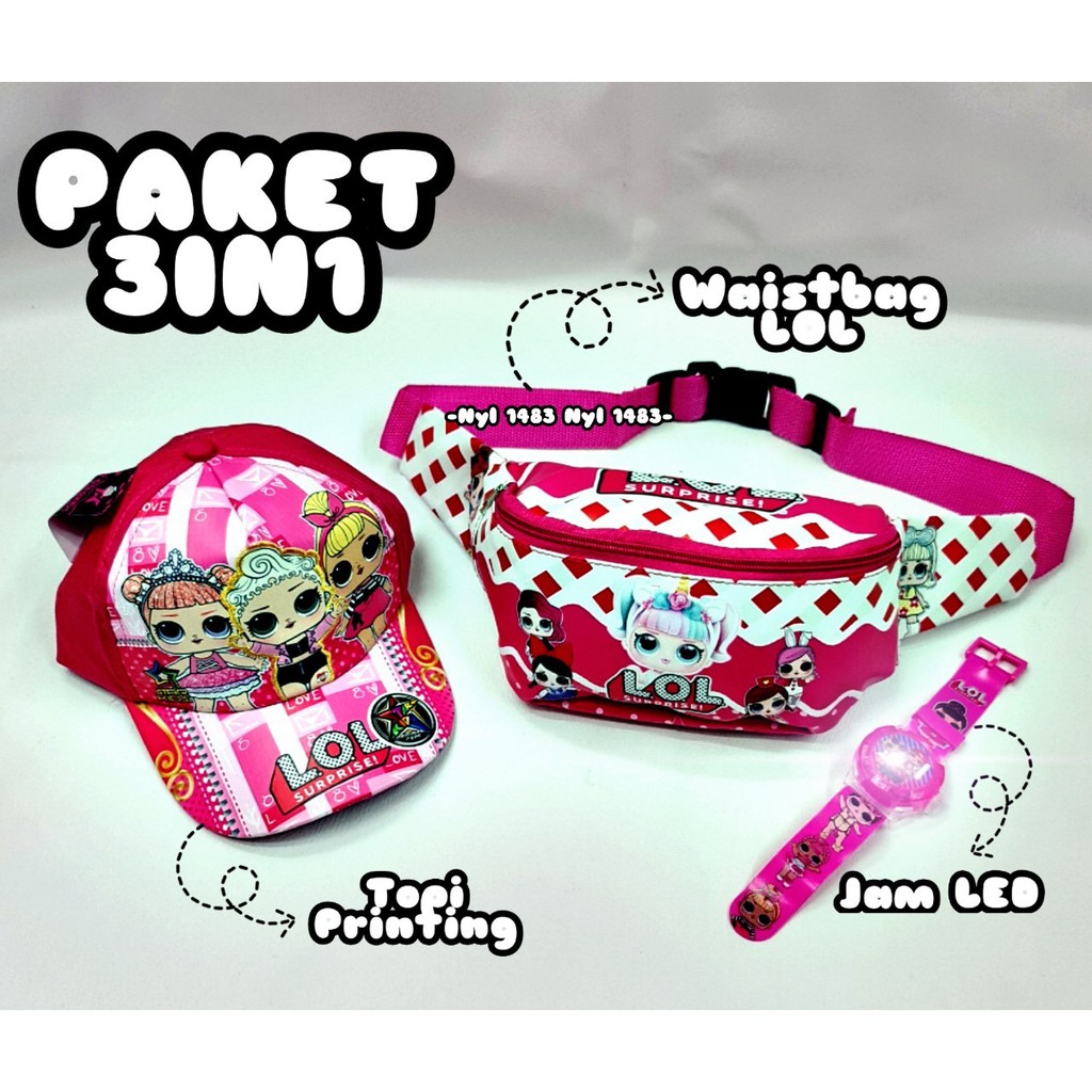 PROMO ^^ TAS WAISTBAGS ANAK PEREMPUAN [ PAKET 3in1 / TOPI PRINTING / JAM TANGAN LED