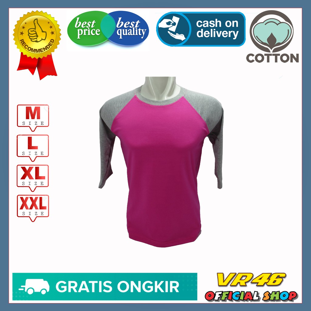 Kaos Reglan Polos Wanita Lengan 3/4 Warna Pink Lengan Abu Misty Size M L XL XXL Bahan Katun 24S 80