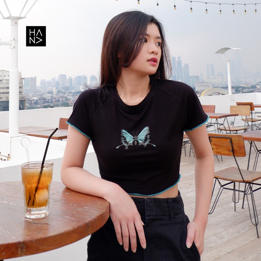 HanaFashion.JKT - Mariposa Crop Top Kaos Butterfly Murah Wanita - CT150