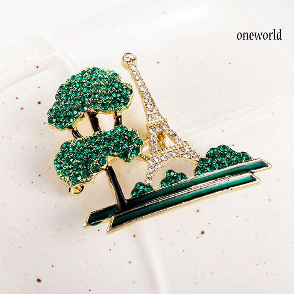 OW@ Ladies Eiffel Tower Tree Design Rhinestone Decor Brooch Pin Fashion Jewelry Gift