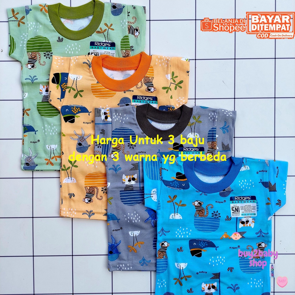 Ridges baju bayi kaos oblong warna motif Animal series 0-12 Bulan isi 3 Kaos