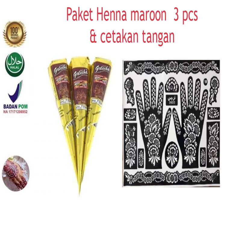 Paket - Golecha Maroon 3 Pcs - Henna Tangan Golecha Marun 3 Pcs - Cetakan Henna 1 pcs