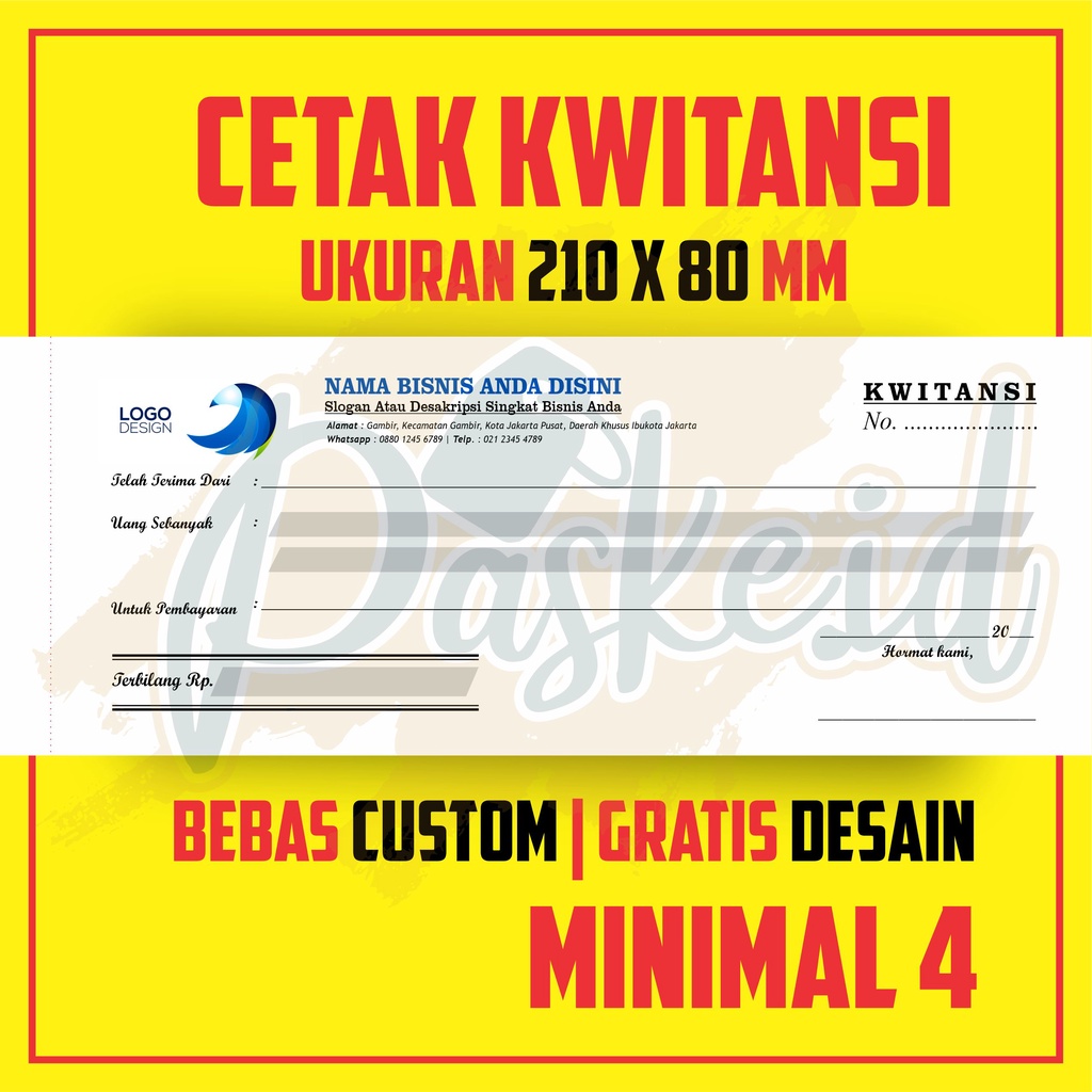 

50 SET - CETAK KWITANSI 1 PLY/2 PLY/ 3 PLY CUSTOM DESAIN TOKO BISNIS PERUSAHAAN DLL UKURAN 210x80 mm/ 21x8 cm