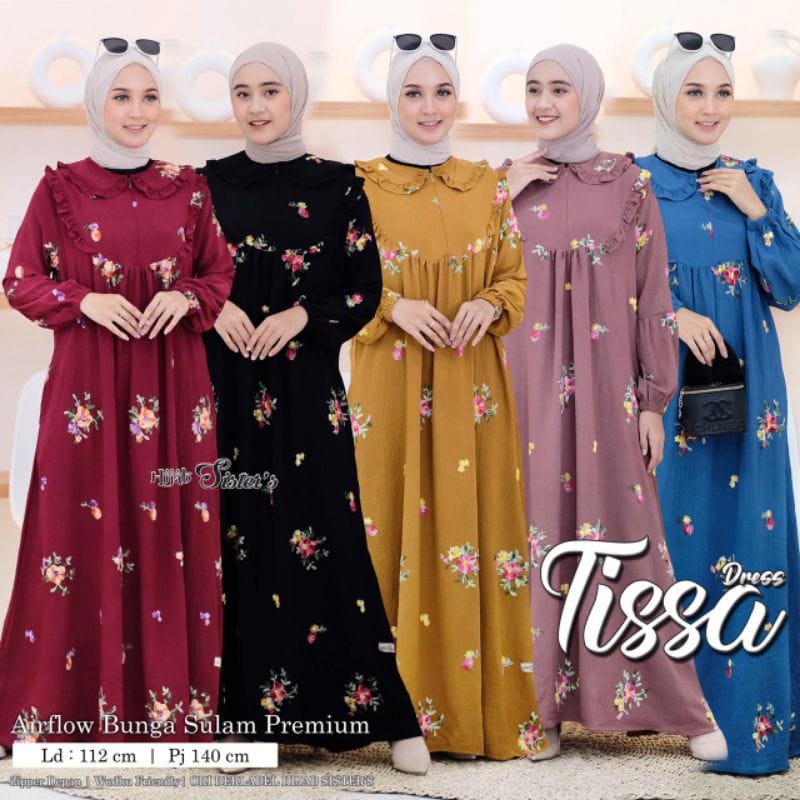 Tissa Dress Maxi Jumbo Airflow Crinkle Premium Motif Bunga Sulam Gamis Muslim Wanita LD 110 Busui Hijab Sisters