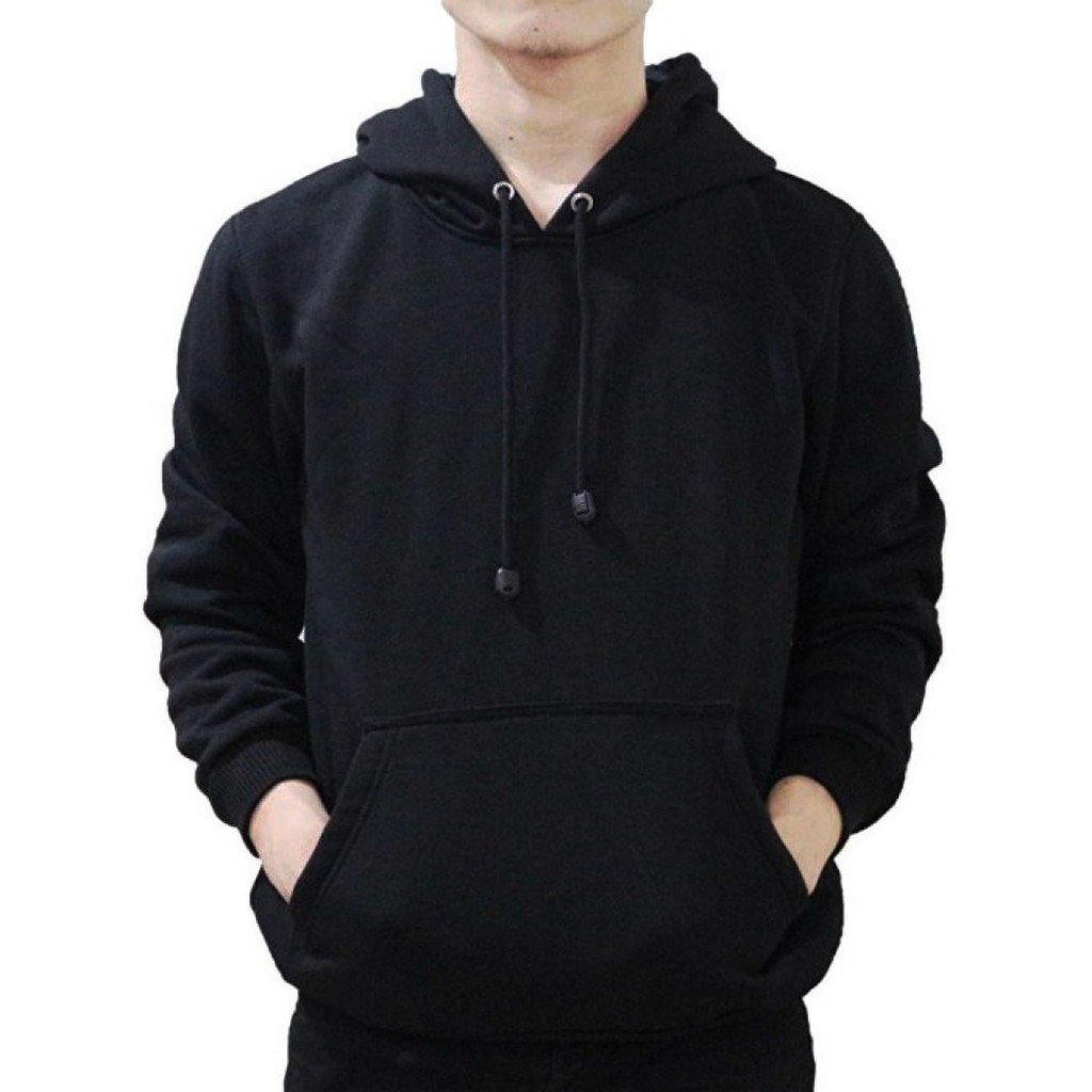 Jaket Polos Pria Cowok Hoodie Jumper Hitam Pekat Black Solid