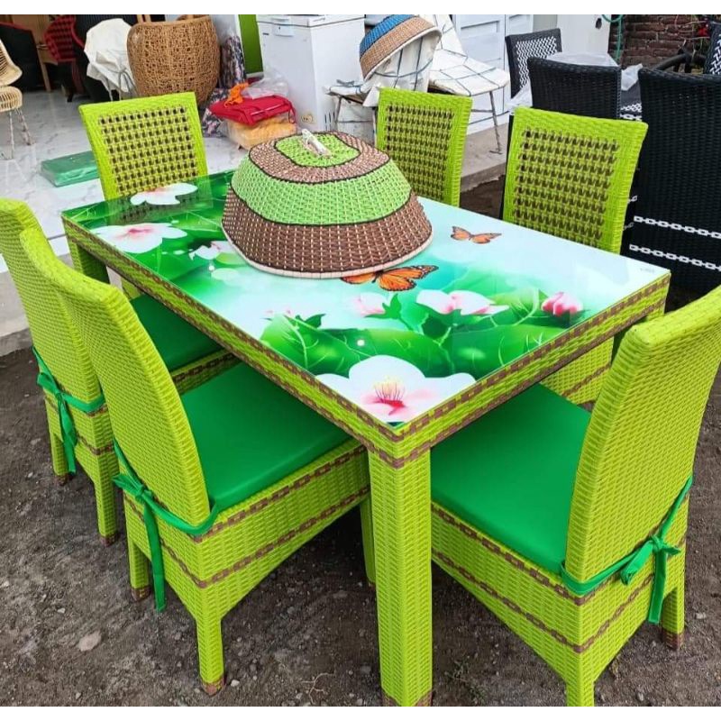 meja makan kursi 6 rotan sintetis