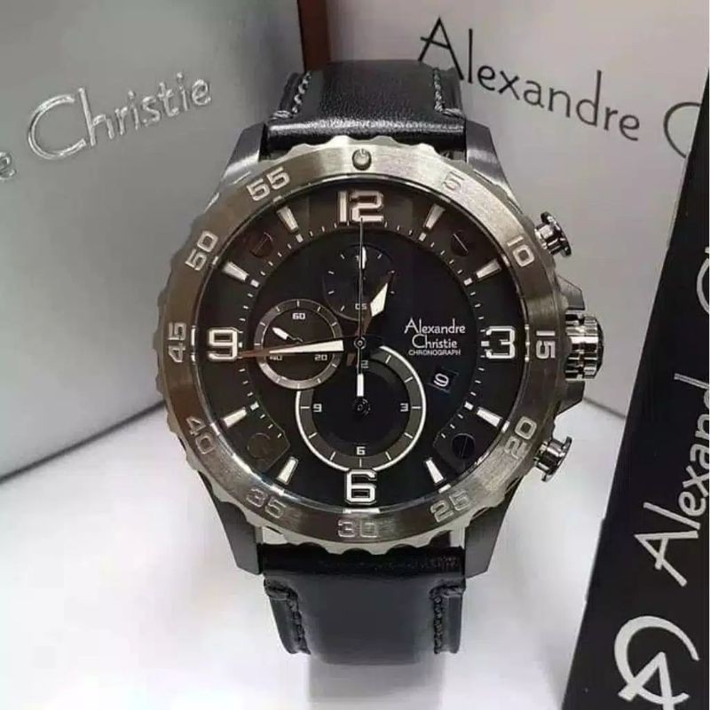 Alexandre Christie 6505 Full Black Leathear.Alexandre Pria /Cowok Ac 6505 Tali Kulit Full Black