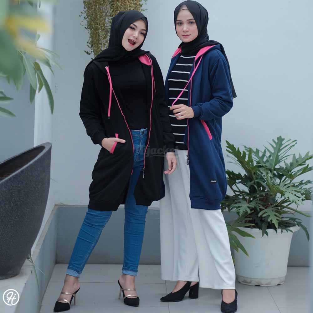 Jaket Jacket Polos Hoodie Panjang Wanita Cewek Hijabers Kekinian Hijacket Fashion Terbaru Hitam & Navy Pink-2