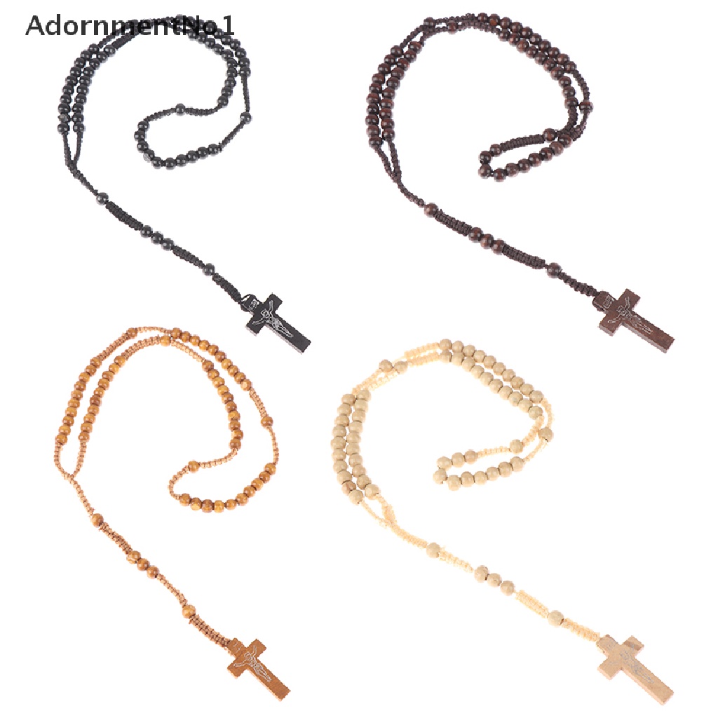 (AdornmentNo1) 1pc Kalung Rosario Katolik Manik Kayu Liontin Salib Yesus