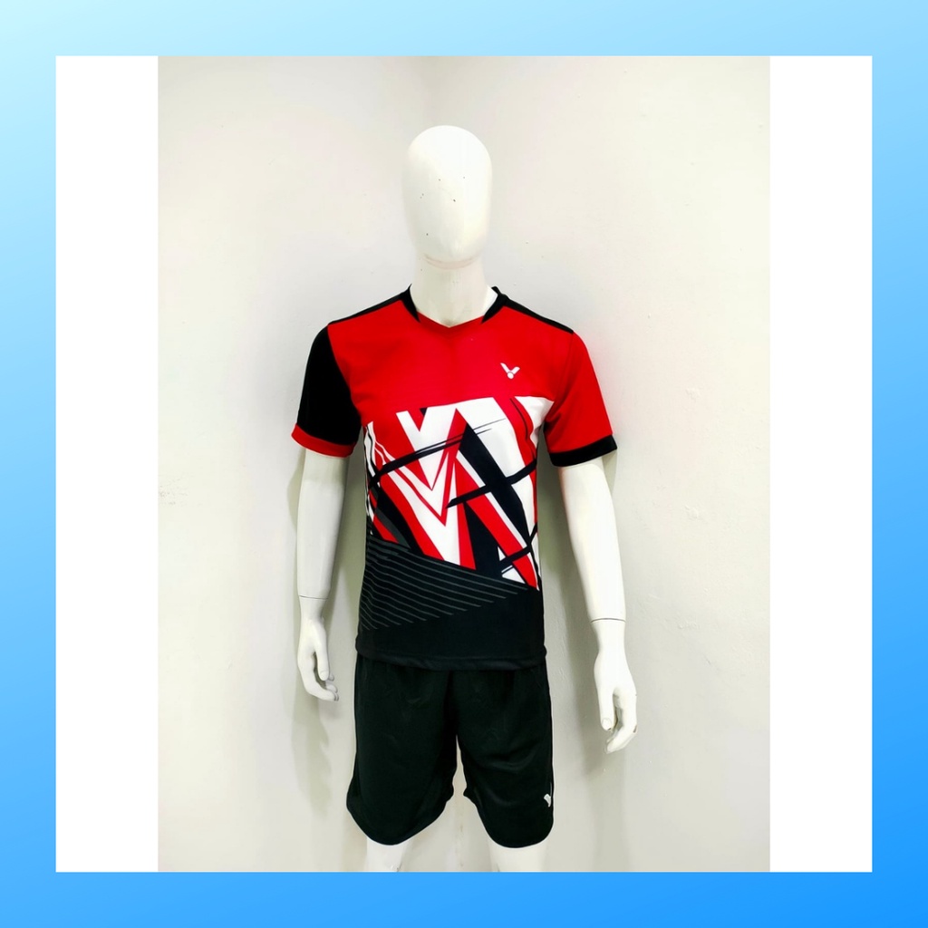 Kaos bulutangkis pria baju badminton dan celana jersey setelan wanita dewasa t-shirt outfit seragam jarsey kostum olahraga pakaian apparel sport jersy bulu tangkis casual jersi sudirman cup suit V138 merah polos