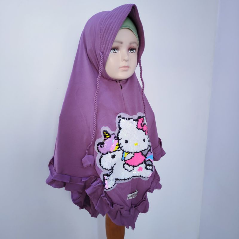 Jilbab Anak Hellokitty 4 5 6 7 8 tahun rempel fanta merah hitam ( jilbab  HK rumpa )