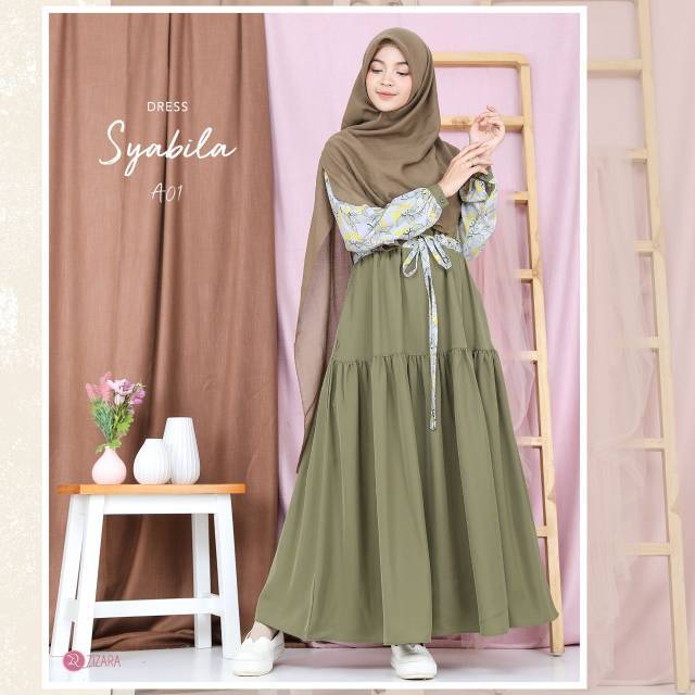 Gamis Syabila Dress Kode A01 Zizara Warna Hijau Busui Syari Cantik Manis Casual Polos Mix Motif