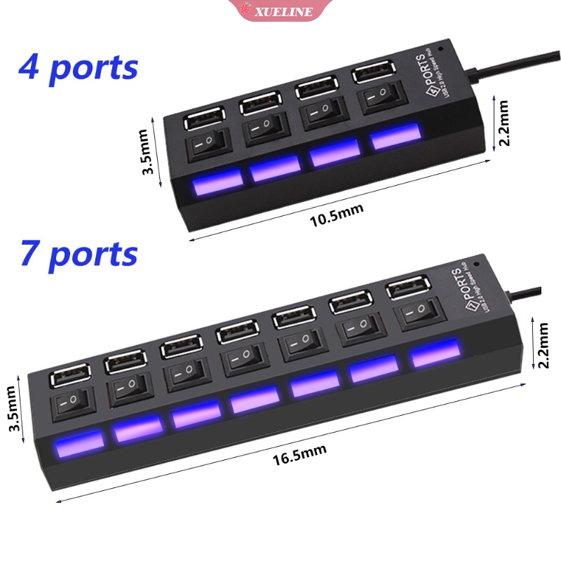 Hub Splitter 4 / 7 Port USB 2.0 High Speed Dengan Saklar ON / OFF + Lampu Indikator LED Untuk Desktop / Laptop