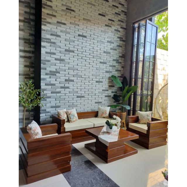 Sofa Meja Kursi Ruang Tamu Minimalis Kayu Jati Model Block Cocok Untuk Rumah Klasik atau Modern