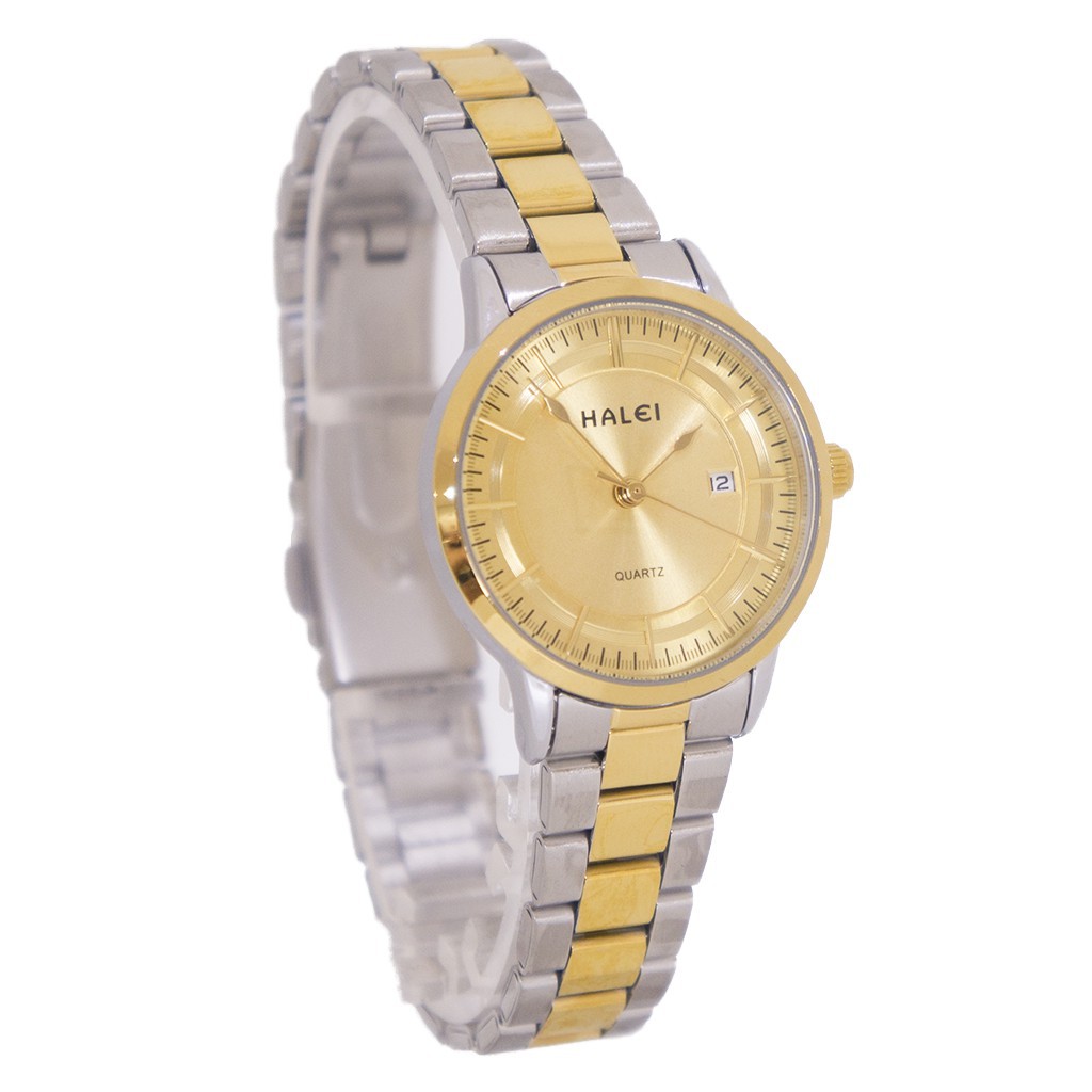 Jam Tangan Wanita Keren, Kaca Cembung Dengan Tanggal, Halei Original 565 Rantai Kombinasi Plat Gold