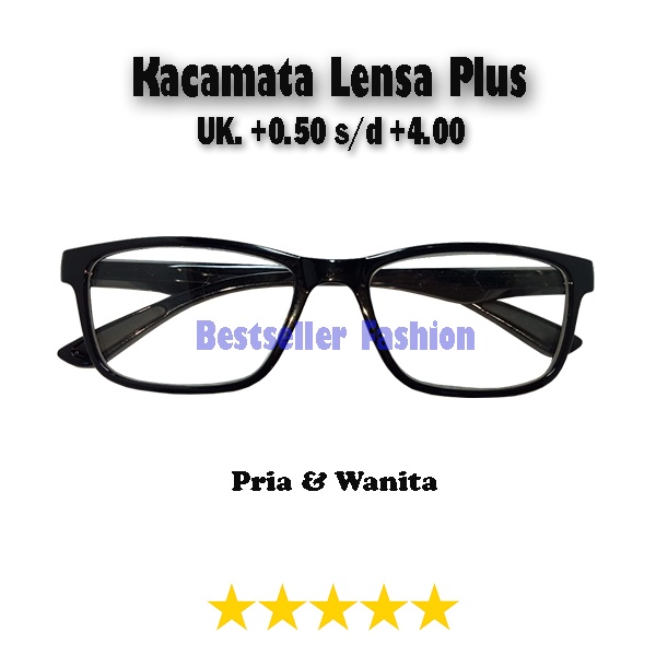 KACAMATA LENSA PLUS UK. +0.50 S/D +4.00 PRIA WANITA BINGKAI HITAM KOTAK RABUN DEKAT UNISEX FREECASE