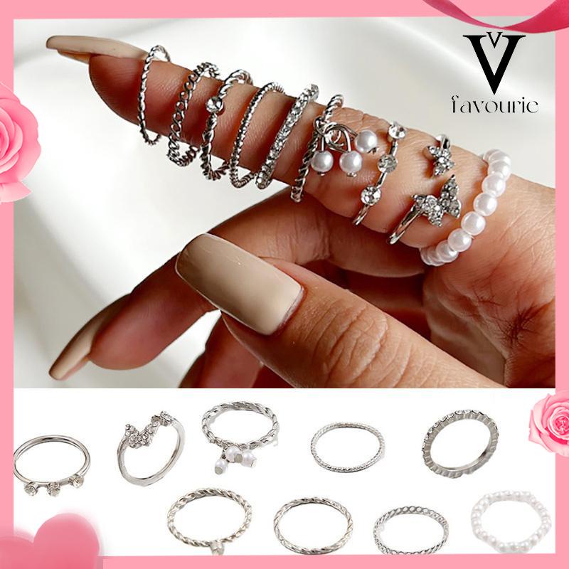 [COD]9 PCS Wanita Tipis Berongga Mutiara Kristal Kupu-kupu Berlian Premium Knuckle Ring Set-FA