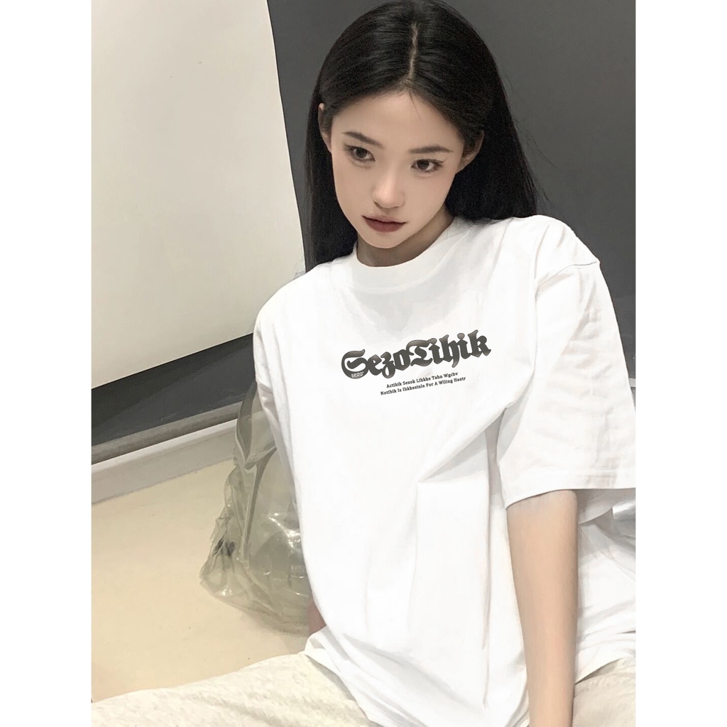 EUNII T-shirt Lengan Pendek Retro Modis Bahasa Inggris Pencetakan Longgar Korean Style/Kaos Atasan Wanita/Baju Kaus Oversize Wanita