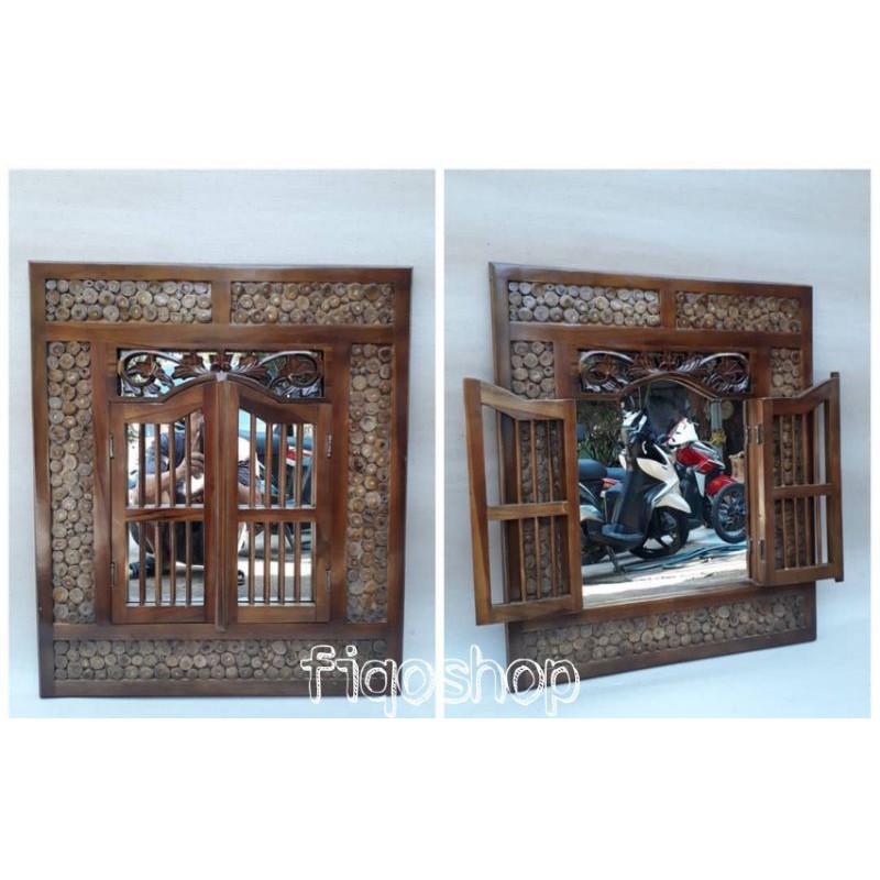 Cermin Jendela Krepyak Koin Kayu Jati Furniture Jepara