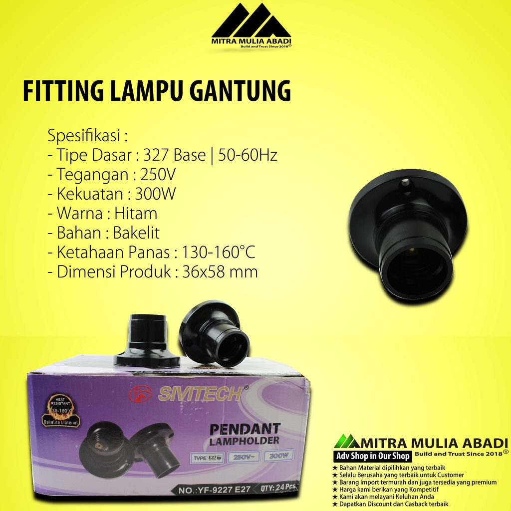 FITTING LAMPU PLAFON E27 BULAT HITAM PVC LISTRIK 220V