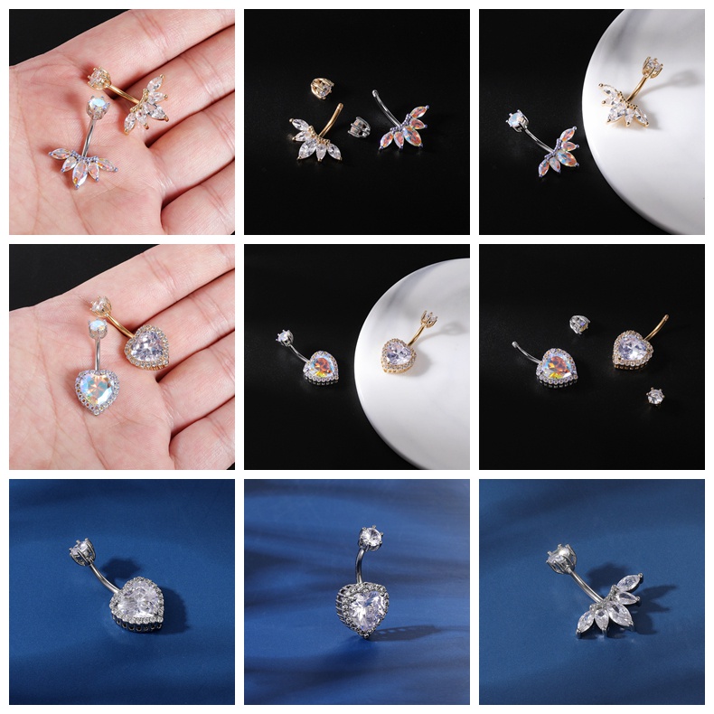 1pc Cincin Tindik Pusar Bentuk Ular Iblis Hati Aksen Kristal Bahan Stainless Steel Anti Alergi