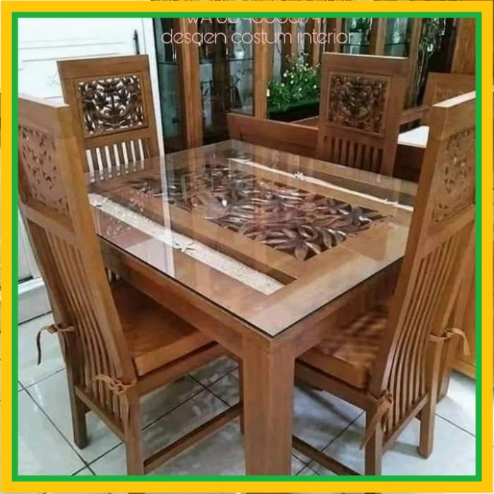 meja makan kayu jati ukir kursi 4 + kaca