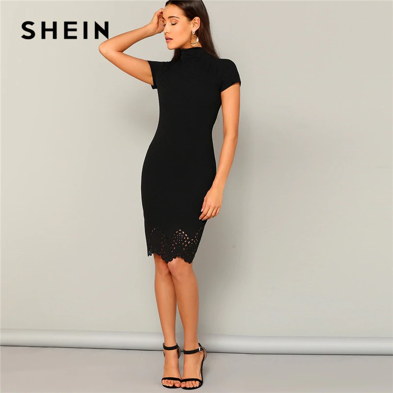 POTONGAN SHEIN Black Laser Cut Scallop High Neck Summer Pencil Dress Women Office Lady Short