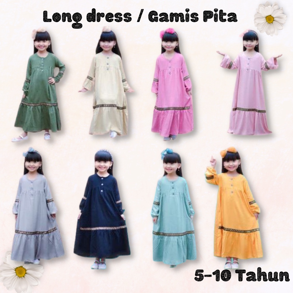 Gamis Anak / Gamis Anak Perempuan / Baju Muslim Anak Perempuan Pita By Laurakids 5-10 Tahun