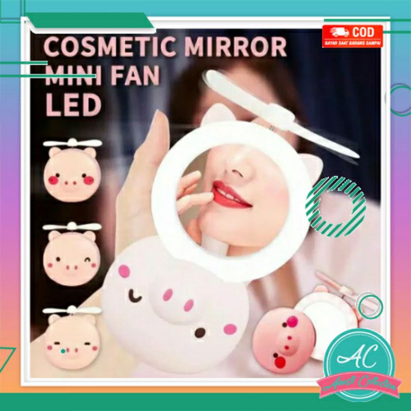 Kipas angin Cermin kaca LED Lampu portable make up baby friends piggy cosmetic mirror mini fan